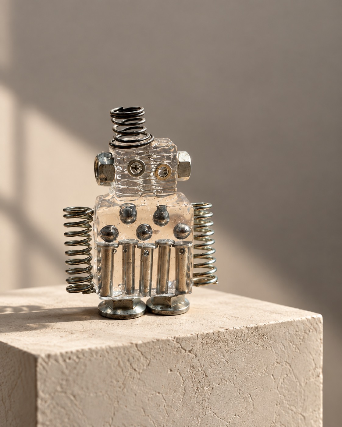 光の中に佇む樹脂とバネのロボットのAI生成イメージ