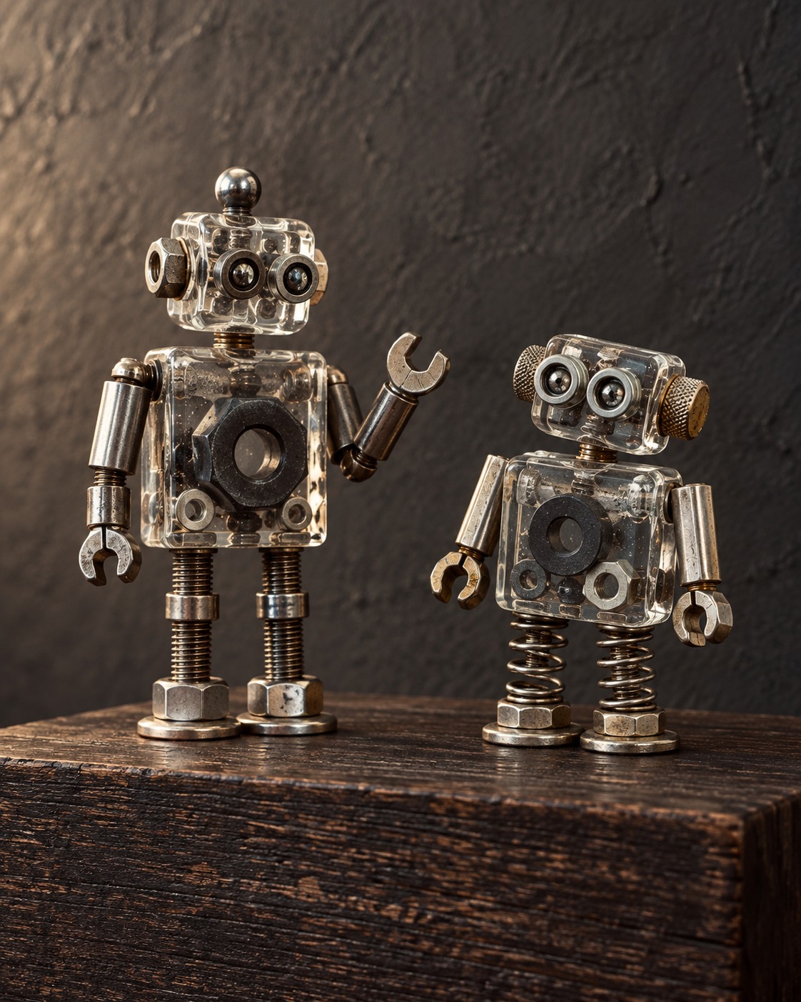 木の台に並ぶ2体の廃材ロボットのAI生成イメージ