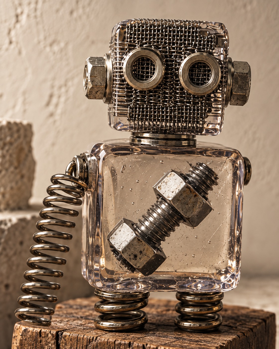 樹脂の中のボルトと金網の表情を捉えたロボットのAI生成イメージ