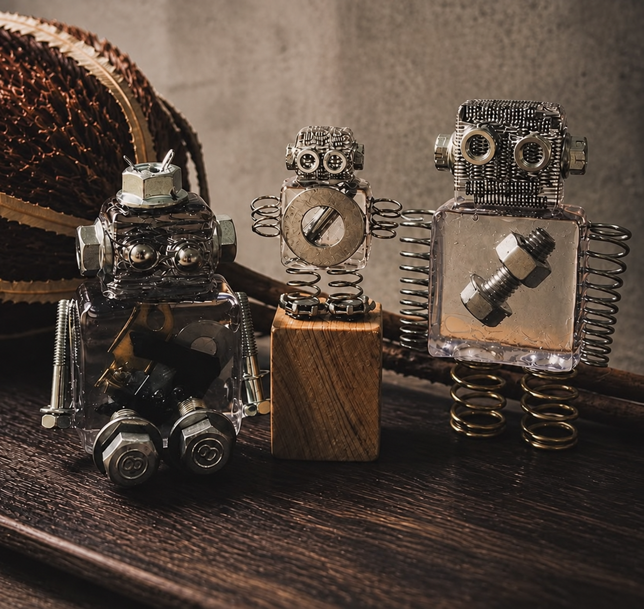 廃材から生まれた3体のロボットの作品例。販売は1体です
